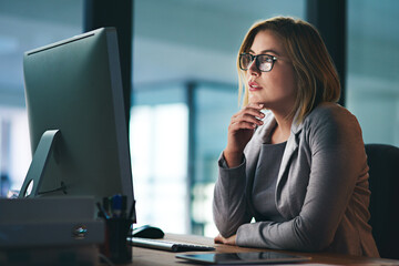 Computer, problem solving and business woman in office working late on project at night alone....