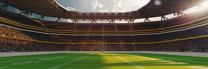 Fototapeta na wymiar 3D render image of american football stadium with yellow goal post, grass field and blurred fans at playground view. Concept of outdoot sport, activity, football, championship, match, game space