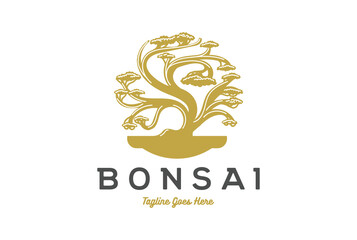 Oriental Bonsai Art Japanese Mini Small Plant Tree on Pot Silhouette Logo Design