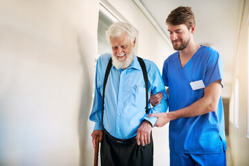 Senior patient, nurse and help walking, moving or healthcare in nursing home, retirement and...
