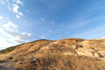 Fototapeta na wymiar Tall grass hill landscape with blue sky background at Khao Laem Ya National Park, copy space