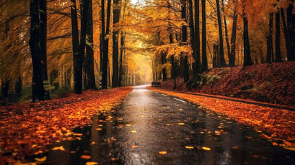 Hermoso camino largo en la temporada de oto&ntilde;o bordeado de &aacute;rboles con hojas de colores (Ia Generativa)