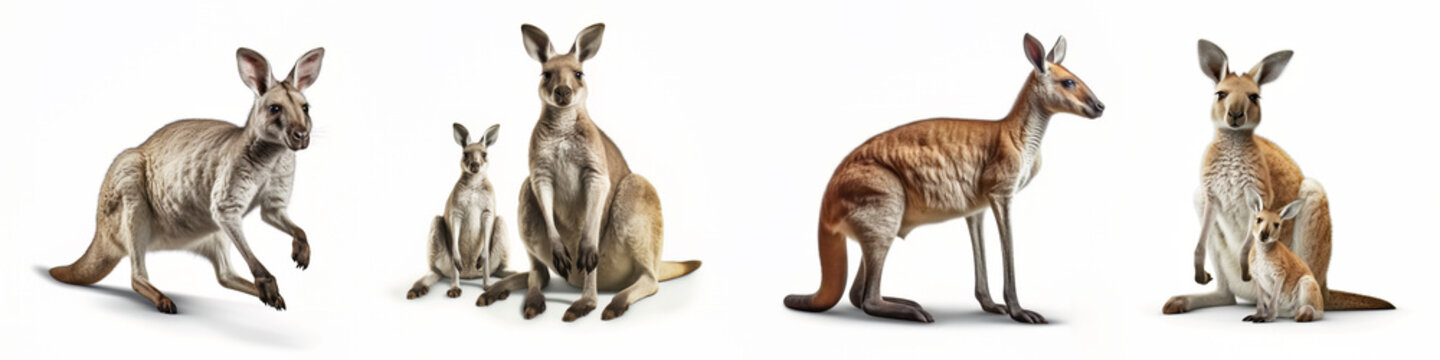 Wildlife zoo australien kangaroos animals banner panorama long - Collection of sitting, standing, running group of kangoroo (macropodidae) family with baby, isolated on white background, Generative Ai