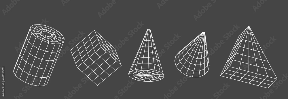 Aufkleber wireframe geometric shapes 3d render. abstract digital objects from line grid. polygonal figures of 