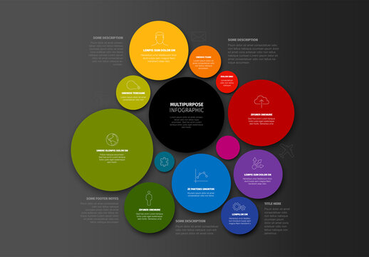Multipurpose dark colorful circle mosaic infographic with icons