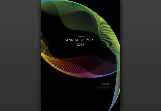 Dark annual report front cover page template with rainbow circles with title