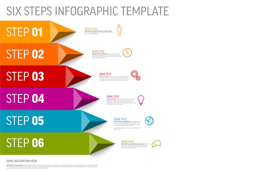 Simple light infographic with title and six steps on solid stripes with arrows