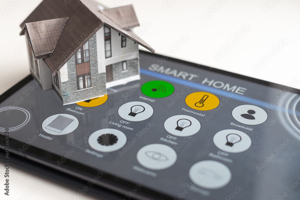 Poster small house model is on table and icons home electronics devices connecting with wireless. smart hom