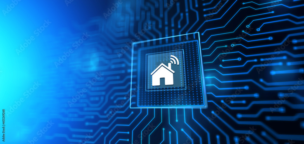 Poster smart home control panel on virtual screen. iot and automation technology concept.