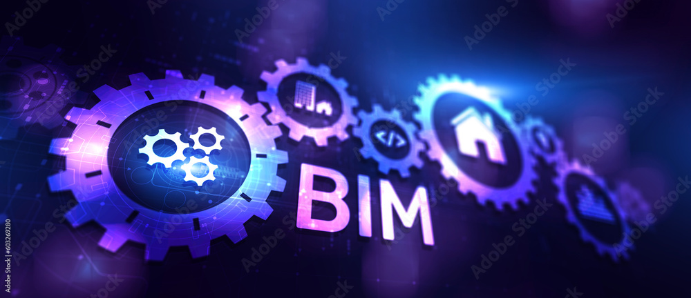 Poster bim building information modeling technology concept on virtual screen.