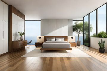 Naklejka na ściany i meble Interior design of a minimalist bedroom with luxurious fabrics, light colors, and big glass windows that exudes tranquility and simplicity | Generative AI