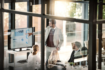 Corporate meeting, window and people presentation, company statistics and data analytics, charts or graphs. Speaker, business manager or man and staff with infographics, revenue or profit on screen