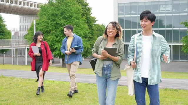 Multinational youth group walking in campus of university.