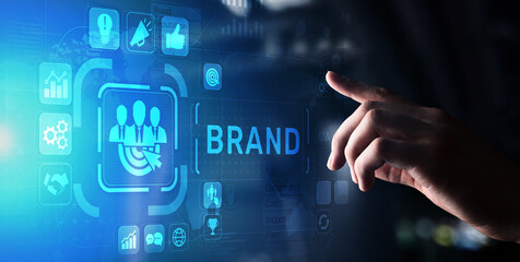 Brand words cloud on virtual screen. Branding, Marketing and Advertising concept.