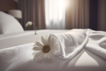 Fototapeta na wymiar modern spa comfortable bedchamber towel bed window bath welcome flower. Generative AI.