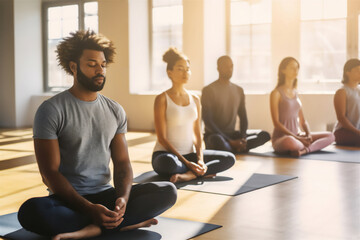 group meditation in yoga studio, breath exercise, men and women meditating and breathing with closed eyes, breathwork concept, created with Generative AI - 603270051