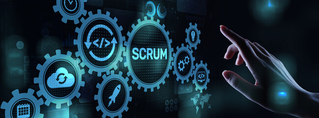 SCRUM, Agile development methodology, programming and application design technology concept on virtual screen.