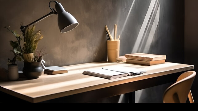 Notebooks on wooden table, pens, table lamp and potted flowers, designer workplace, early morning in office, elegant workspace or home office concept. AI generated