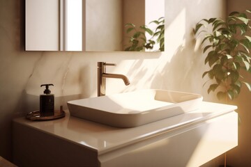 Fototapeta na wymiar luxury counter cabinet faucet interior sunlight design bathroom sink modern house. Generative AI.