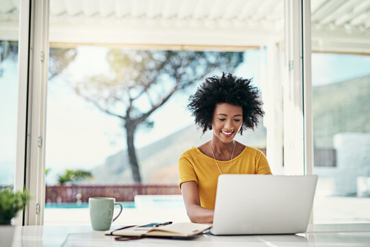 Laptop, smile and relax with black woman and research for planning, website and remote worker. Blog, networking and social media with female freelancer at home for email, technology and internet