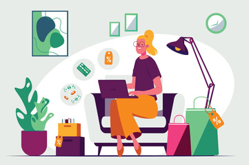 Concept Online shopping with people scene in the flat cartoon style. A woman chooses various products in an online store while sitting on a sofa. Vector illustration.
