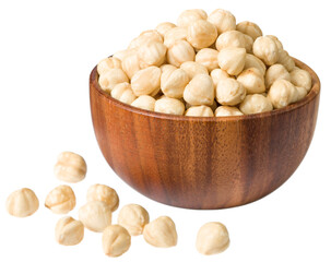 Hazelnuts in the wooden bowl, isolated on the white background.