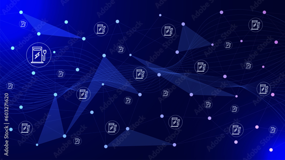 Poster abstract plexus with connected dots lines and ev charging station for technology background design