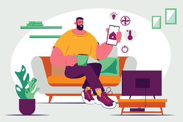 Concept Smart home with people scene in the flat cartoon style. A man configures the parameters and functions of his smart home through a smartphone. Vector illustration.
