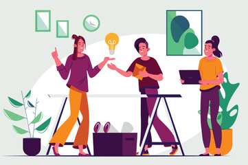 Team brainstorm concept with people scene in the flat cartoon design. A team of specialists solve various issues during a brainstorming session. Vector illustration.