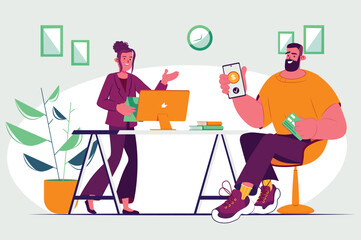 Money transfer concept with people scene in the flat cartoon design. A man transfers money to a bank account. Vector illustration.