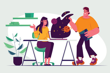 Open space concept with people scene in the flat cartoon design. Two workers develop the concept of open space in the office. Vector illustration.