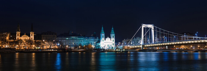 Night view of Budapest, Hungary, Europe. Danube river and bridges