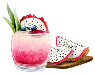 Dragon fruit cocktail lemonade with pitaya slices on wooden plate watercolor illustration isolated on white background. Fresh juicy iced drink for hot summer, refreshing pitahaya ripe in bright pink
