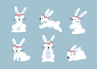 Vector set of cute rabbits in cartoon style. Bunny pet silhouette in different poses. Hare and rabbit colorful illustration for childrens book, postcards and posters.