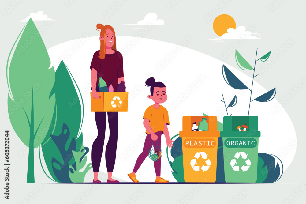 Poster garbage sorting concept with people scene in the flat cartoon design. mother teach her little daught