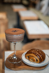 chocolate drink and cake on a table