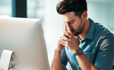 Business man with headache, burnout and computer problem with anxiety, crisis and brain fog in...