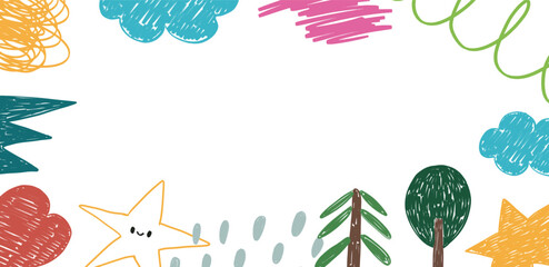 Abstract vector colorful background pencil drawing with star tree and abstract forms colorful frame
