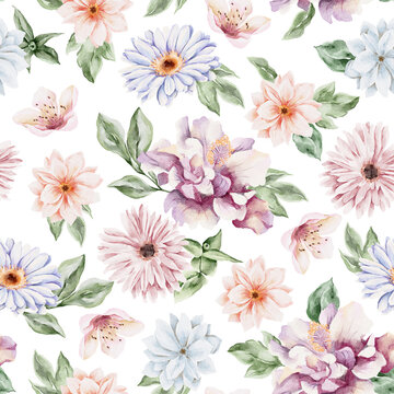 Spring flower set floral watercolor hi res cozy boho groovy composition seamless pattern