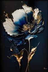 Abstract flower in oily paint, white blue and gold dripping paint. Generative Ai