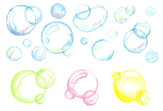 Foam party, dancing in bubbles concept.
The image of soap bubbles of small and large sizes with iridescent tints. Soap bubbles in acid shades. Hand drawn watercolor illustration