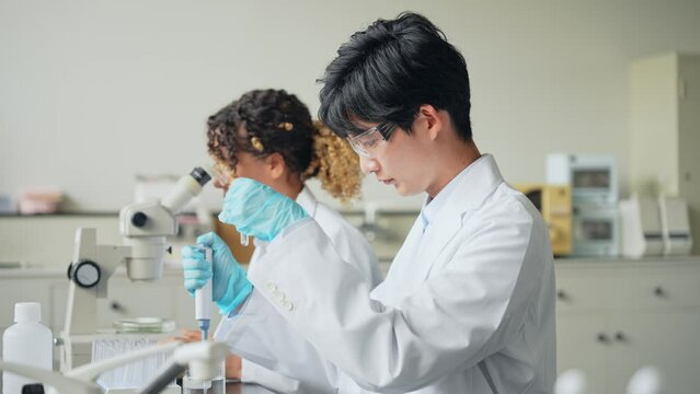 Multinational researcher group experimenting in the lab.