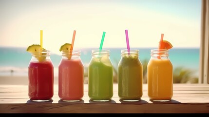 Fototapeta na wymiar Assortment of fruit smoothies against a beach background. Generative AI