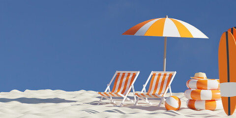3d rendering. Beautiful beach. Chairs on the sandy beach near the sea. Summer holiday and vacation...
