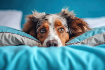 Portrait of a Dog Lying on Bed with Head Resting on Pillow, Capturing Pet Comfort, Generative AI