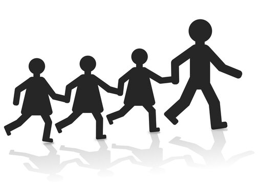 silhouette of an adult leading a group of children while walking in a walking bus with shadow on white background