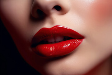 woman lips with red lipstick with open female mouth close-up. Beauty concept. Generative AI illustration