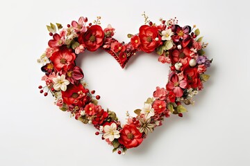 Obraz premium Elegant valentines day heart wreath with flowers on white background, for love and romantic purposes, gift cards and invitations, weddings - generative ai