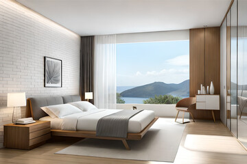 Interior design of a minimalist bedroom with luxurious fabrics, light colors, and big glass windows that exudes tranquility and simplicity | Generative AI