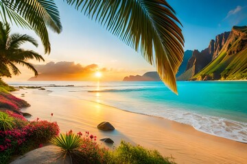 Beautiful summer vacation holidays, sea beach with palm tree leaves & various colorful flower background, rainbow shining this hot sunny time 